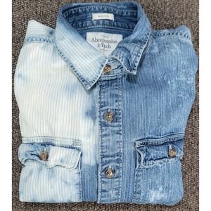 Ambercrobie & Fitch Men's Muscle Two Tone Tye Dyed Bleach Denim‎ Shirt Size L